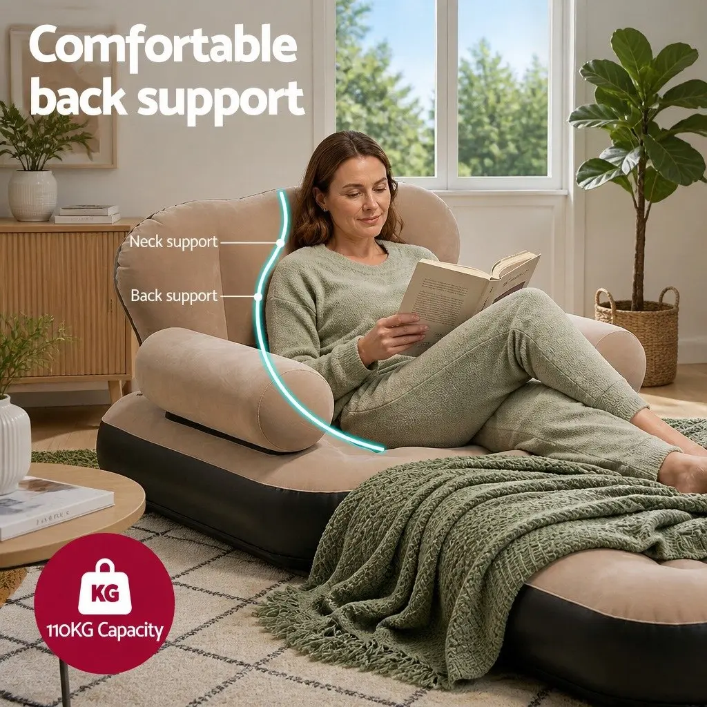 Convertible Inflatable Daybed Chair Camping Sofa Soft Flocked Top Coffee