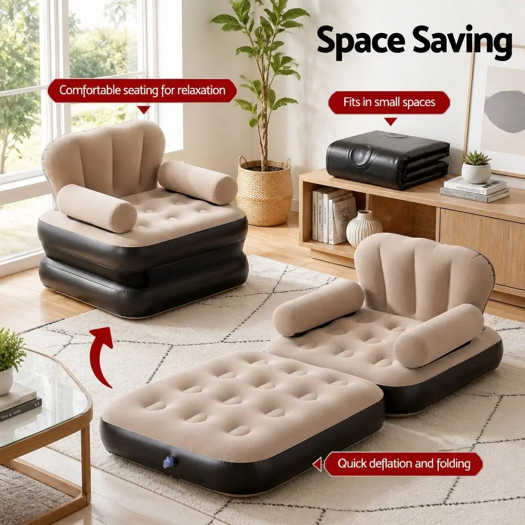 Convertible Inflatable Daybed Chair Camping Sofa Soft Flocked Top Coffee