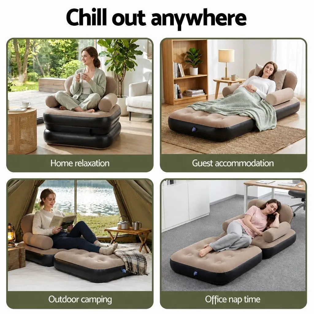 Convertible Inflatable Daybed Chair Camping Sofa Soft Flocked Top Coffee
