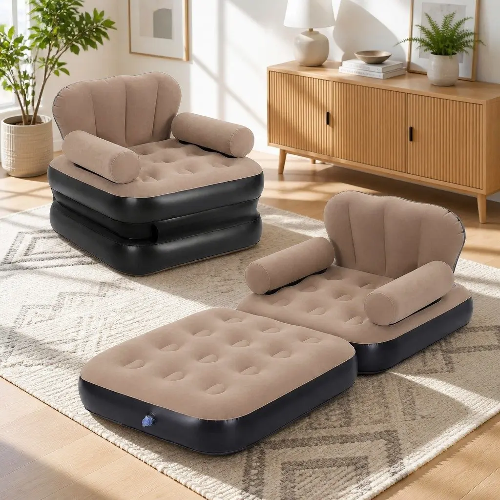 Convertible Inflatable Daybed Chair Camping Sofa Soft Flocked Top Coffee