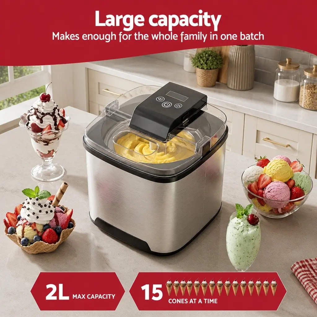 Ice Cream Maker Machine 2L Capacity Homemade Frozen Treats Black