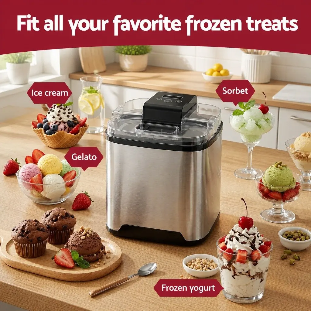 Ice Cream Maker Machine 2L Capacity Homemade Frozen Treats Black
