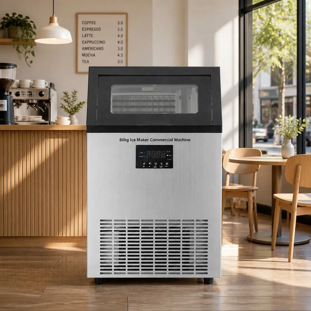 Ice Maker Machine Commercial Stainless Steel 60kg Capacity Black and Silver