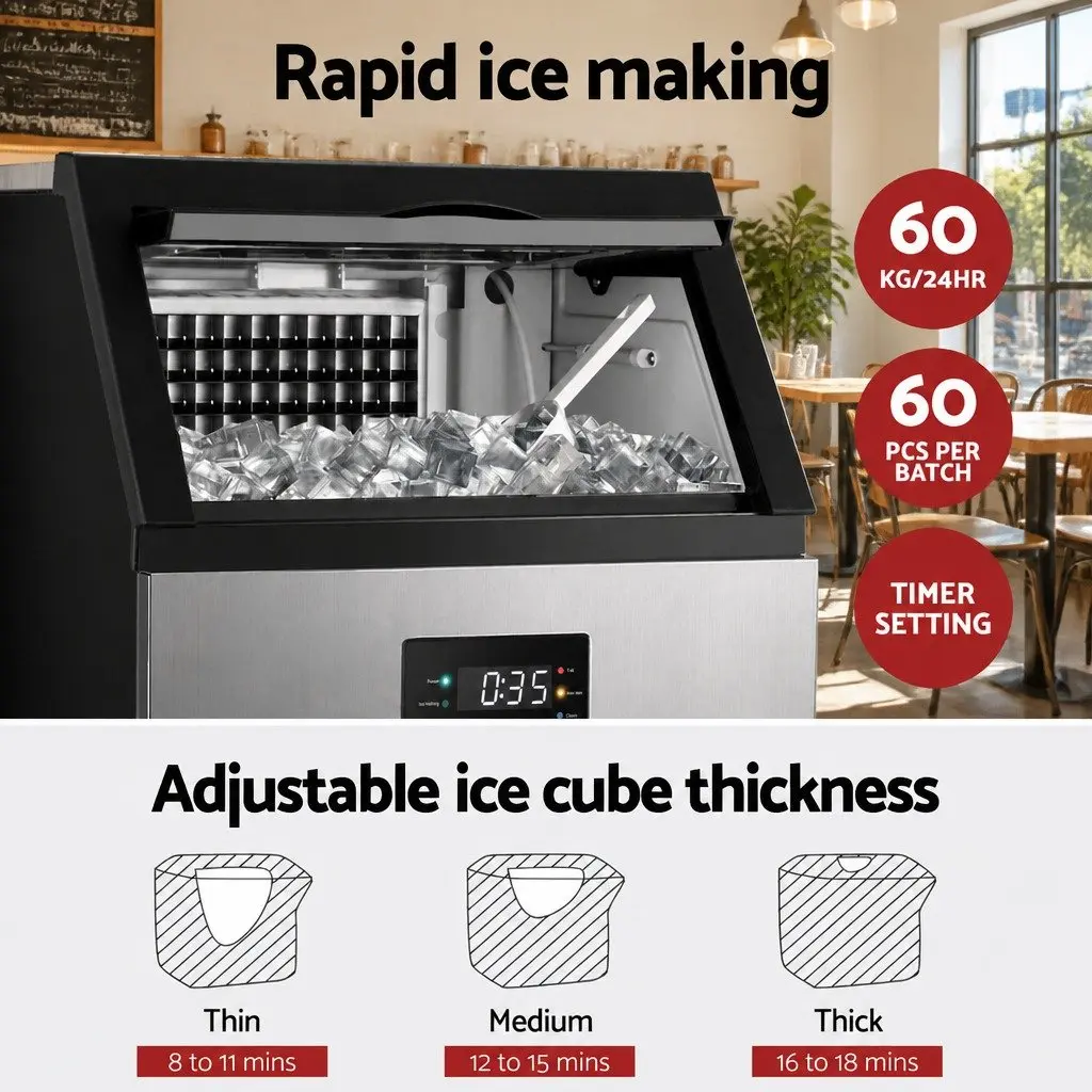 Ice Maker Machine Commercial Stainless Steel 60kg Capacity Black and Silver