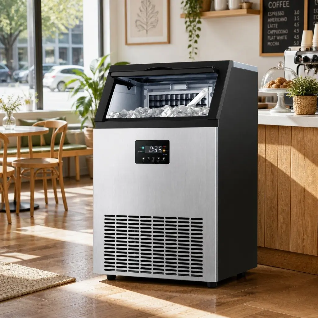 Ice Maker Machine Commercial Stainless Steel 60kg Capacity Black and Silver