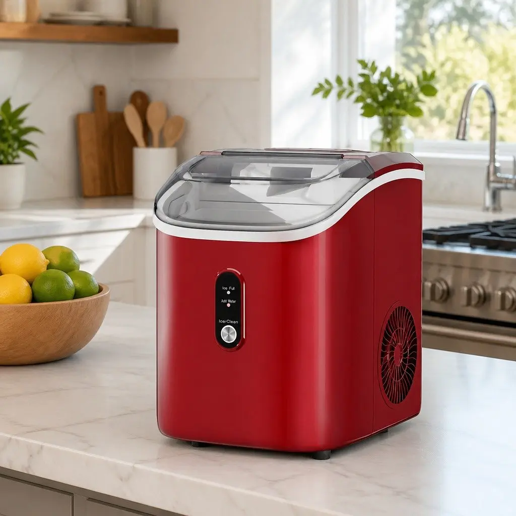 Nugget Ice Maker Machine Portable Compact Red 15kg Chewable Ice Cube Home Use