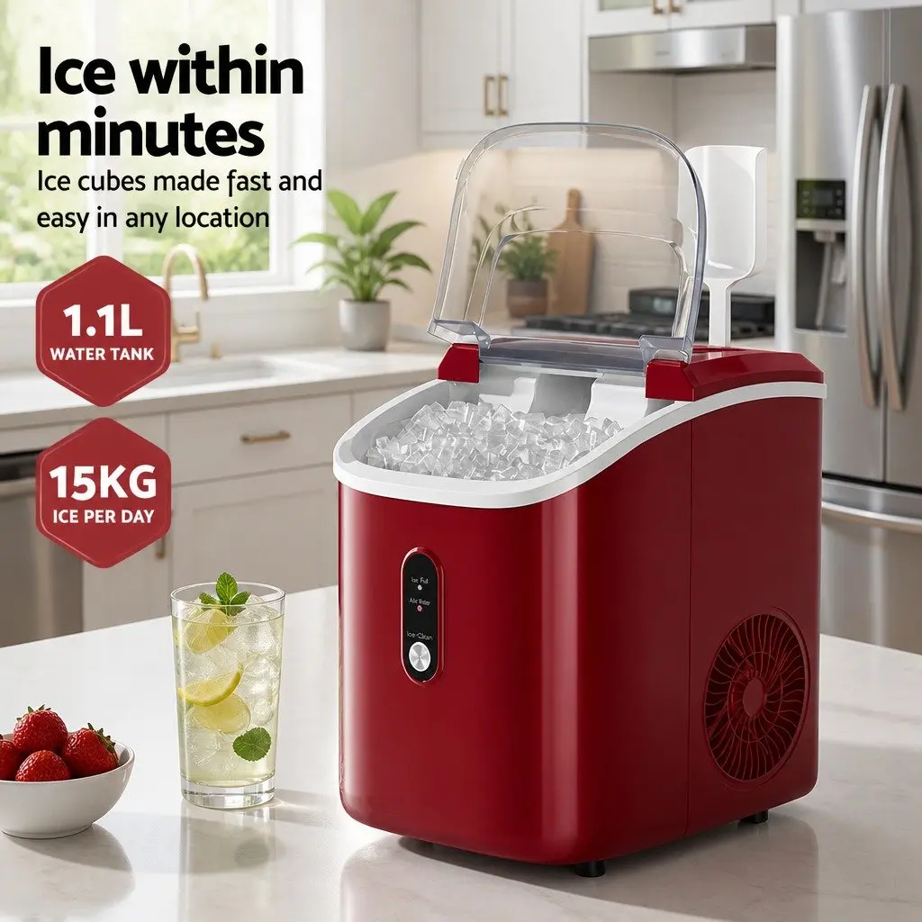 Nugget Ice Maker Machine Portable Compact Red 15kg Chewable Ice Cube Home Use