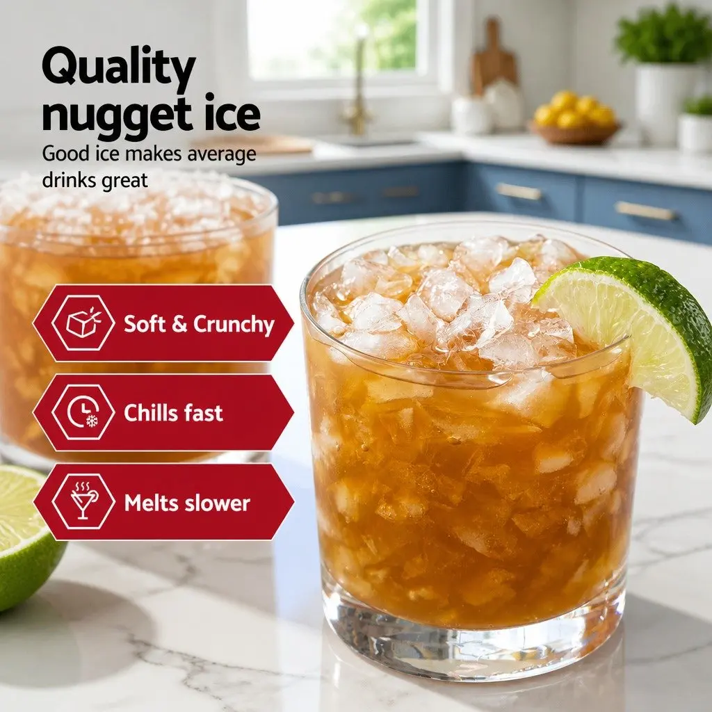 Nugget Ice Maker Machine Portable Compact Red 15kg Chewable Ice Cube Home Use