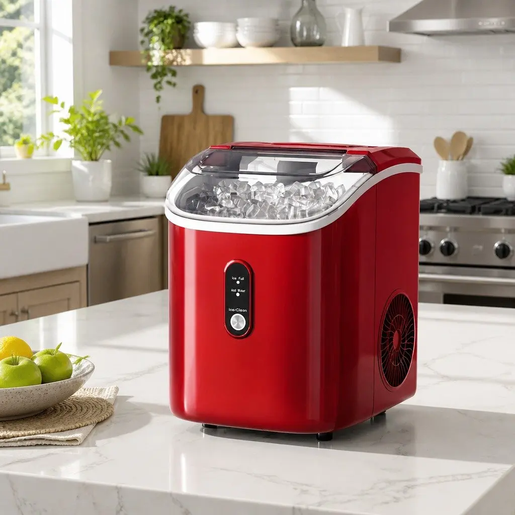 Nugget Ice Maker Machine Portable Compact Red 15kg Chewable Ice Cube Home Use
