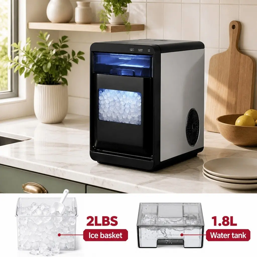Countertop Ice Maker Nugget 20kg Self Cleaning Quick Chill Black