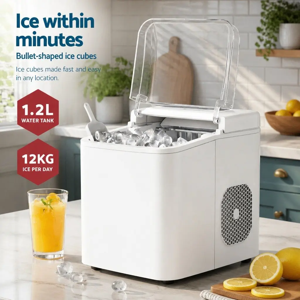 Portable Ice Maker Machine Countertop 12kg Daily Capacity Self Cleaning White
