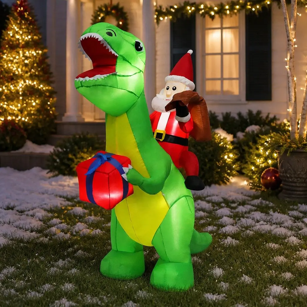 Christmas Dinosaur Inflatable Outdoor Santa Lights Decoration 1.75M Festive