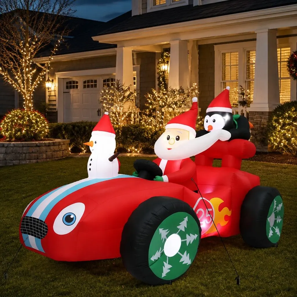 Inflatable Christmas Decoration Santa Racing Sleigh Car 2.4M Multi-color LED Outdoor