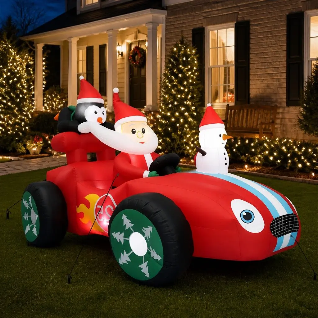 Inflatable Christmas Decoration Santa Racing Sleigh Car 2.4M Multi-color LED Outdoor