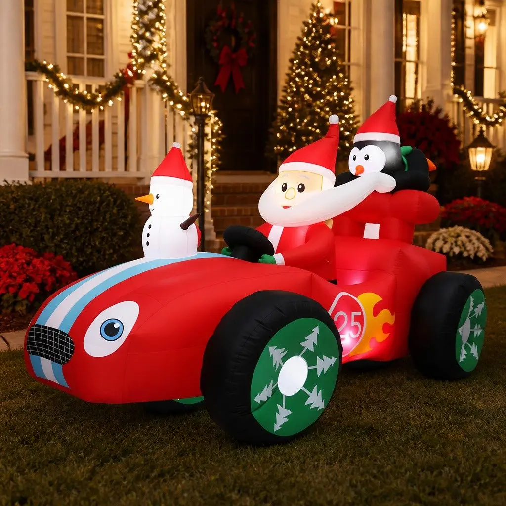 Inflatable Christmas Decoration Santa Racing Sleigh Car 2.4M Multi-color LED Outdoor