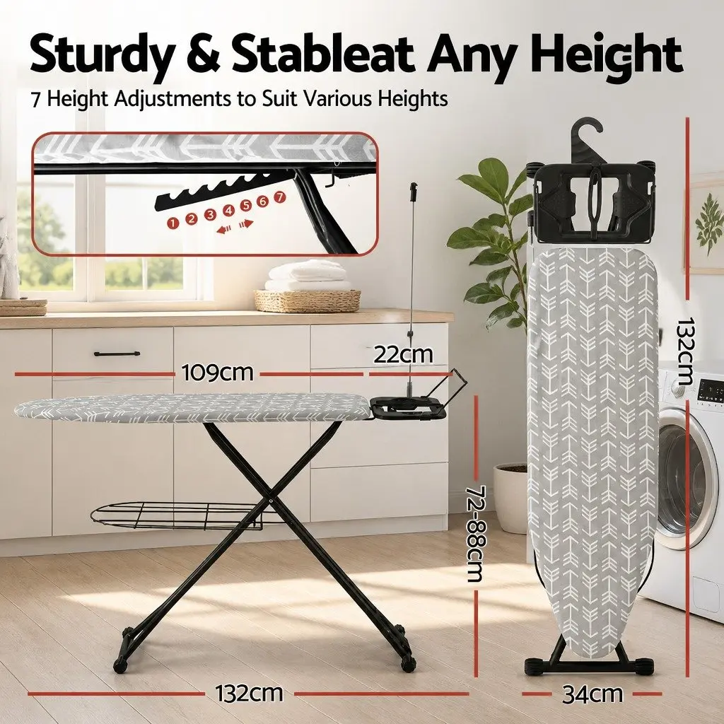 Heavy Duty Ironing Board Steel Frame Foldable 7 Adjustable Heights Grey