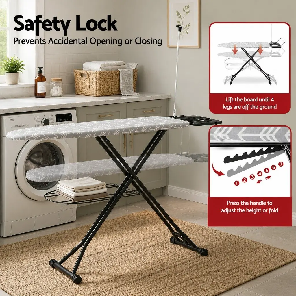 Heavy Duty Ironing Board Steel Frame Foldable 7 Adjustable Heights Grey