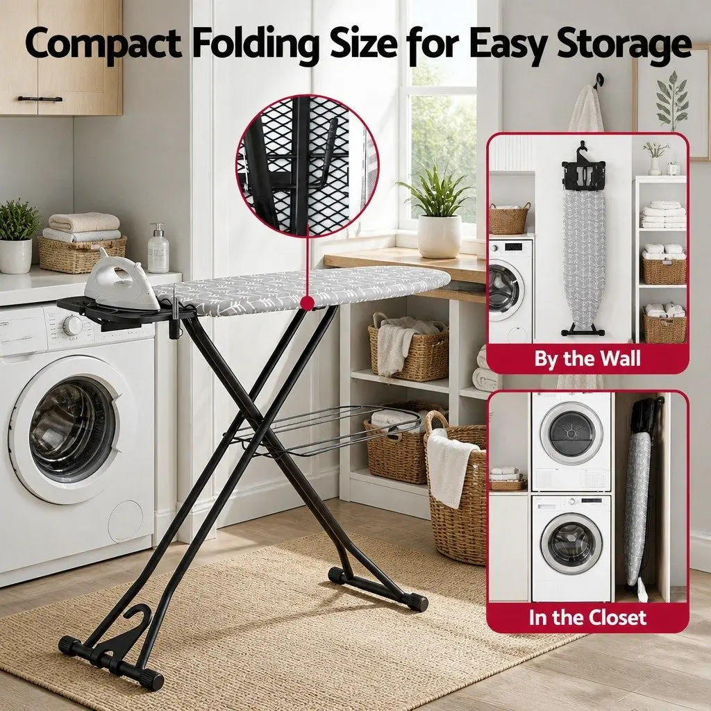Heavy Duty Ironing Board Steel Frame Foldable 7 Adjustable Heights Grey
