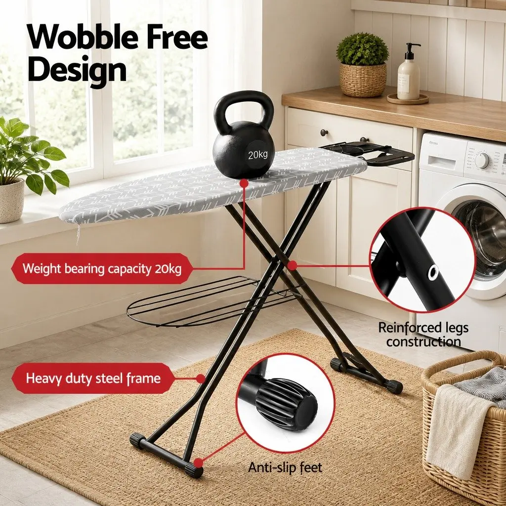 Heavy Duty Ironing Board Steel Frame Foldable 7 Adjustable Heights Grey