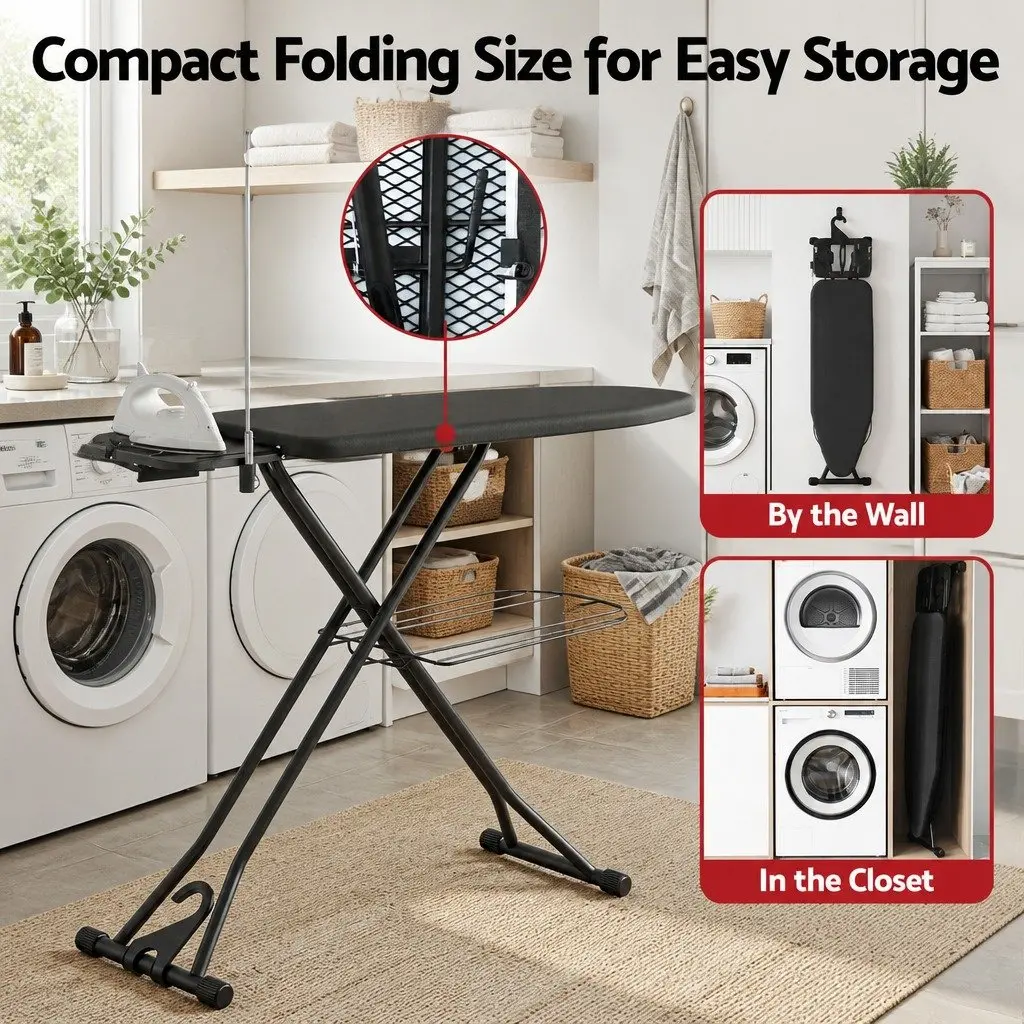 Foldable Ironing Board Heavy Duty Steel Frame Adjustable Height Laundry Room