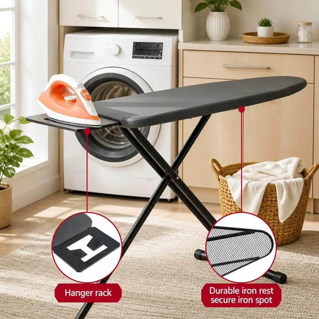 Heavy Duty Foldable Ironing Board Adjustable Height Settings Black 3 Layer Cover