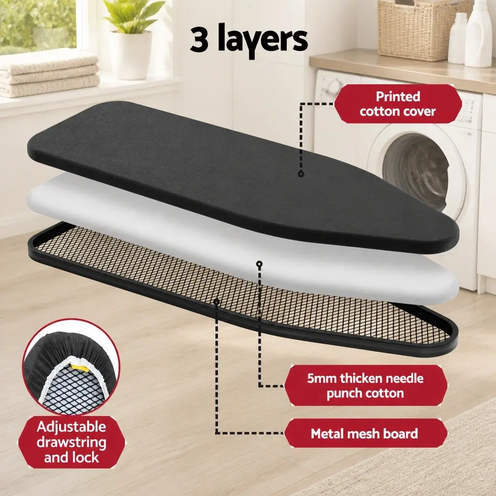 Heavy Duty Foldable Ironing Board Adjustable Height Settings Black 3 Layer Cover