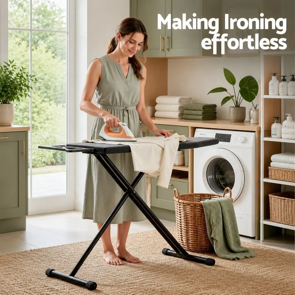 Heavy Duty Foldable Ironing Board Adjustable Height Settings Black 3 Layer Cover