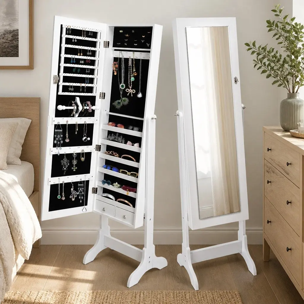 Jewellery Cabinet Makeup Organiser Floor Standing White 6 Shelves with Full Length Mirror