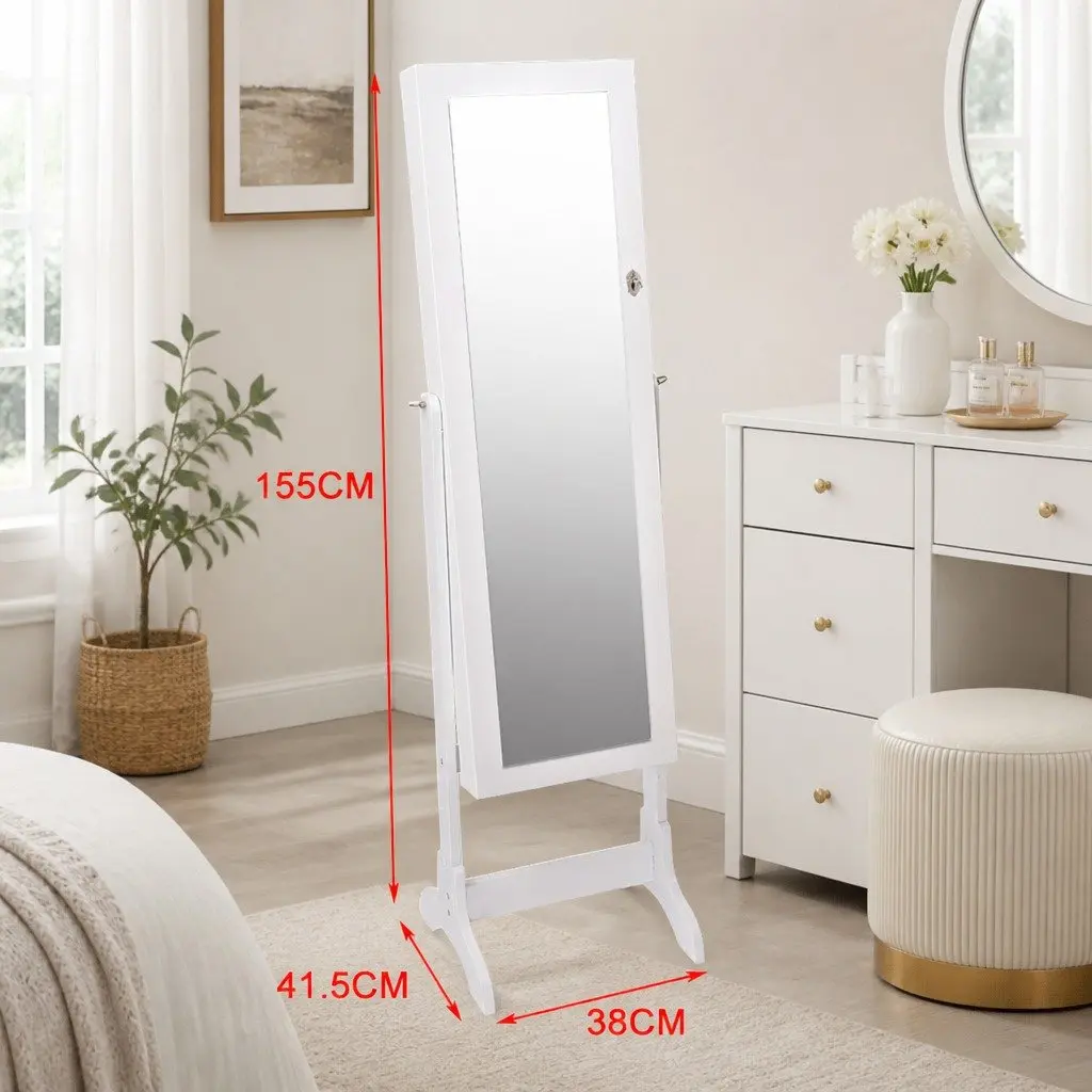 Jewellery Cabinet Makeup Organiser Floor Standing White 6 Shelves with Full Length Mirror