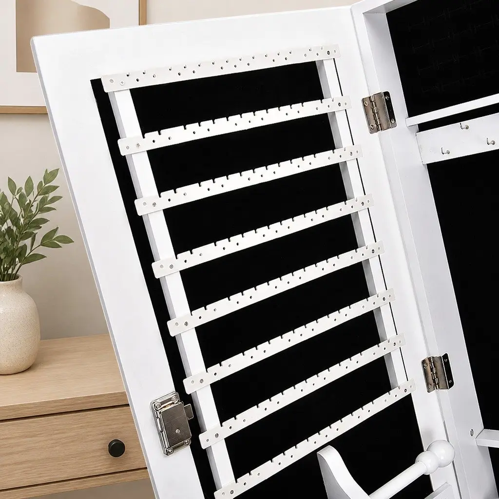 Jewellery Cabinet Makeup Organiser Floor Standing White 6 Shelves with Full Length Mirror
