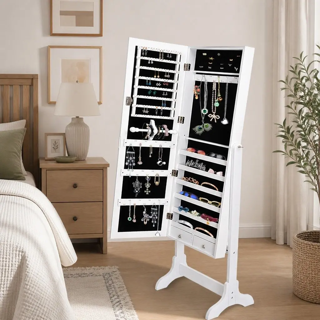 Jewellery Cabinet Makeup Organiser Floor Standing White 6 Shelves with Full Length Mirror
