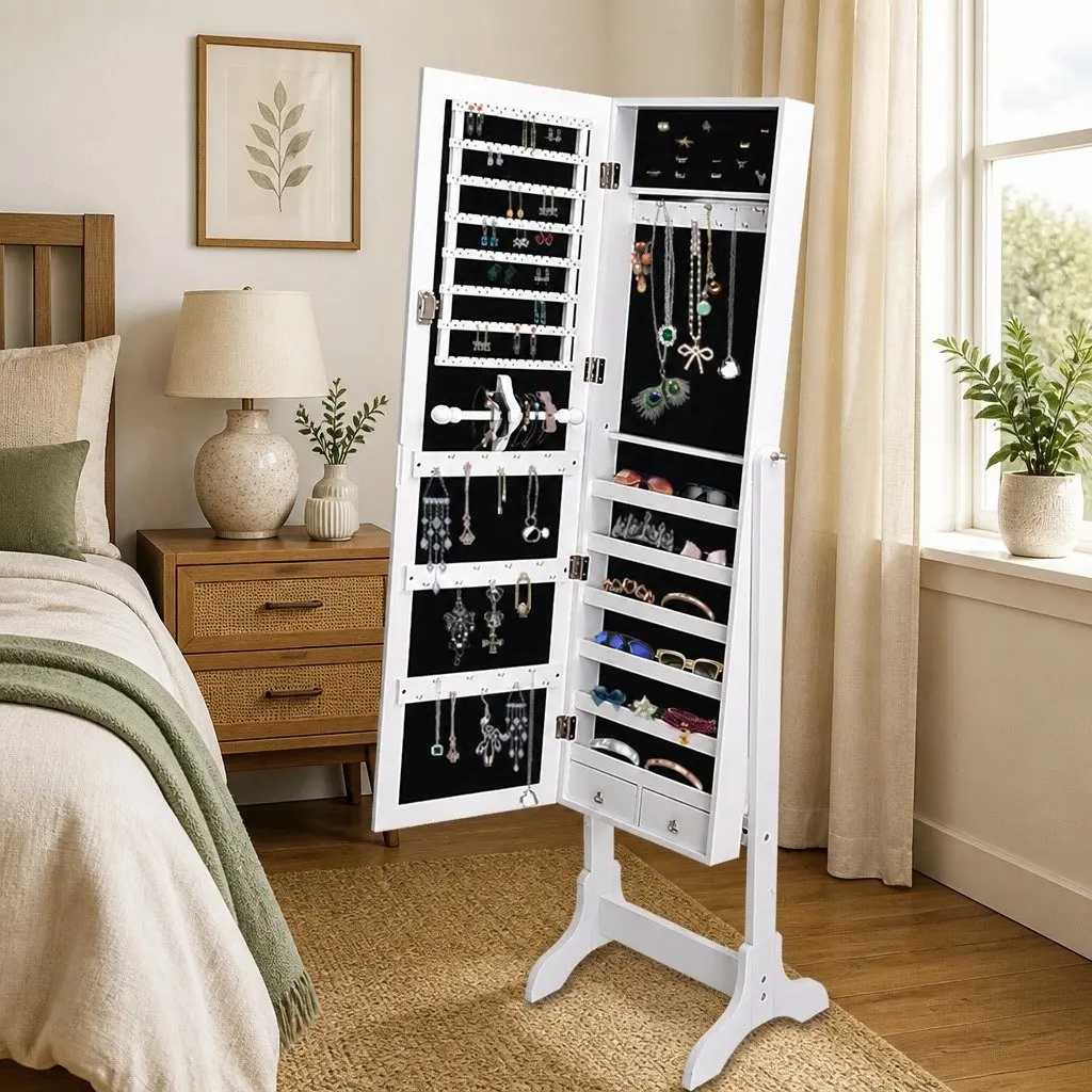 Jewellery Cabinet Makeup Organiser Floor Standing White 6 Shelves with Full Length Mirror