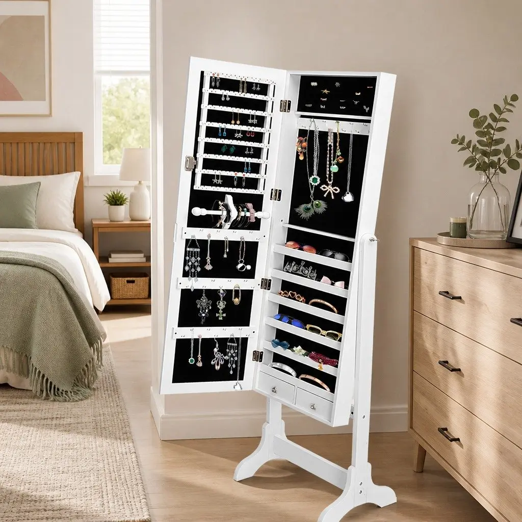 Jewellery Cabinet Makeup Organiser Floor Standing White 6 Shelves with Full Length Mirror