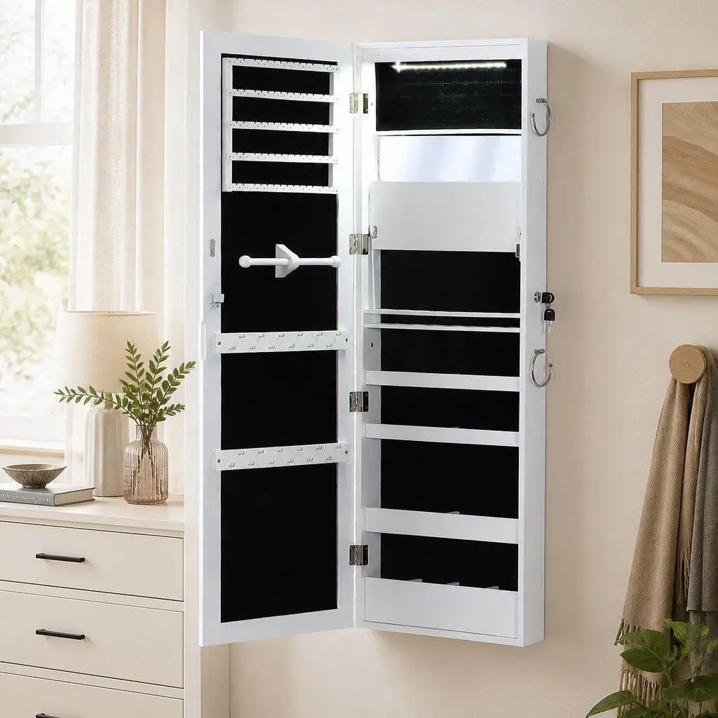 Mirror Jewellery Cabinet Full Length Wall Mounted Door Hanging Storage Organiser White