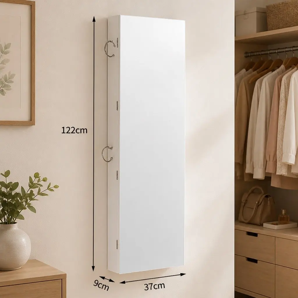 Mirror Jewellery Cabinet Full Length Wall Mounted Door Hanging Storage Organiser White
