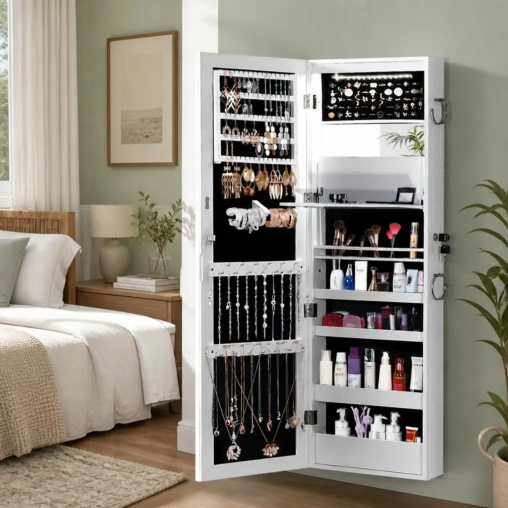 Mirror Jewellery Cabinet Full Length Wall Mounted Door Hanging Storage Organiser White