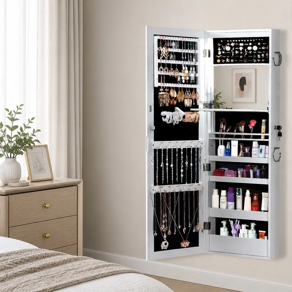 Mirror Jewellery Cabinet Full Length Wall Mounted Door Hanging Storage Organiser White