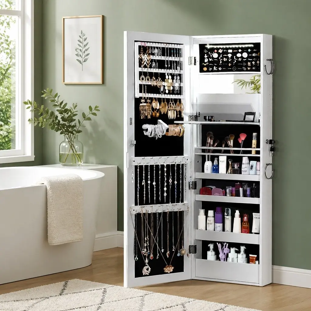 Mirror Jewellery Cabinet Full Length Wall Mounted Door Hanging Storage Organiser White