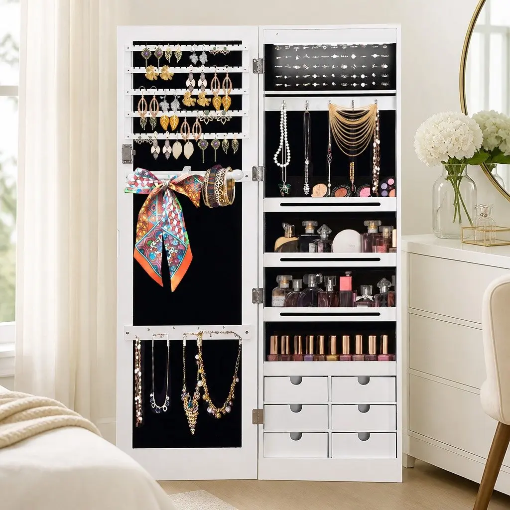 Full Length Mirror Jewellery Cabinet Wall Mounted Door Hanging Storage Lockable White