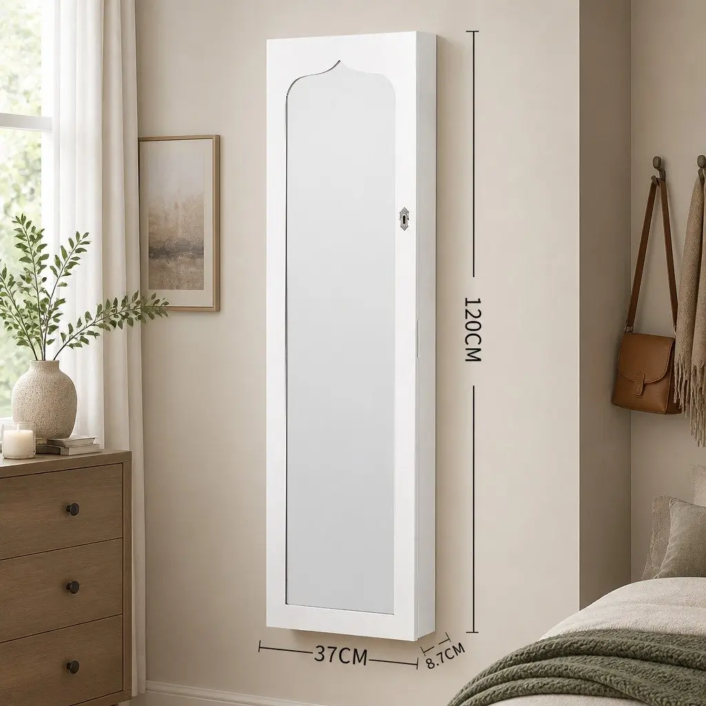 Full Length Mirror Jewellery Cabinet Wall Mounted Door Hanging Storage Lockable White