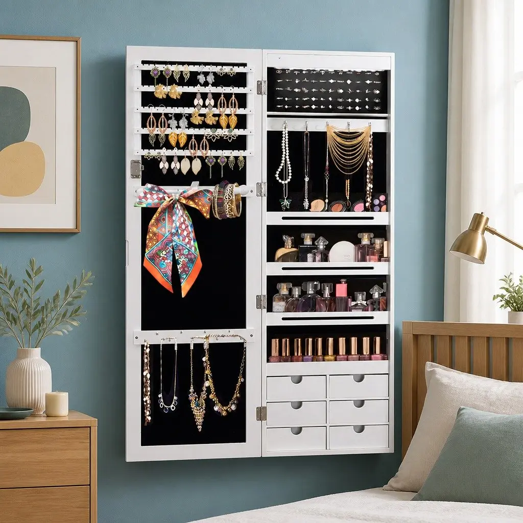 Full Length Mirror Jewellery Cabinet Wall Mounted Door Hanging Storage Lockable White