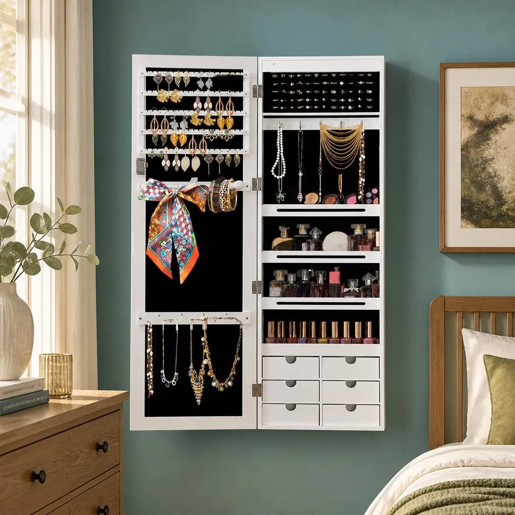 Full Length Mirror Jewellery Cabinet Wall Mounted Door Hanging Storage Lockable White