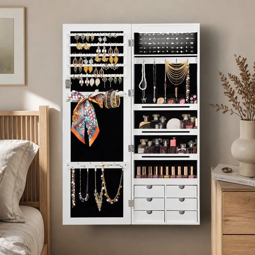 Full Length Mirror Jewellery Cabinet Wall Mounted Door Hanging Storage Lockable White