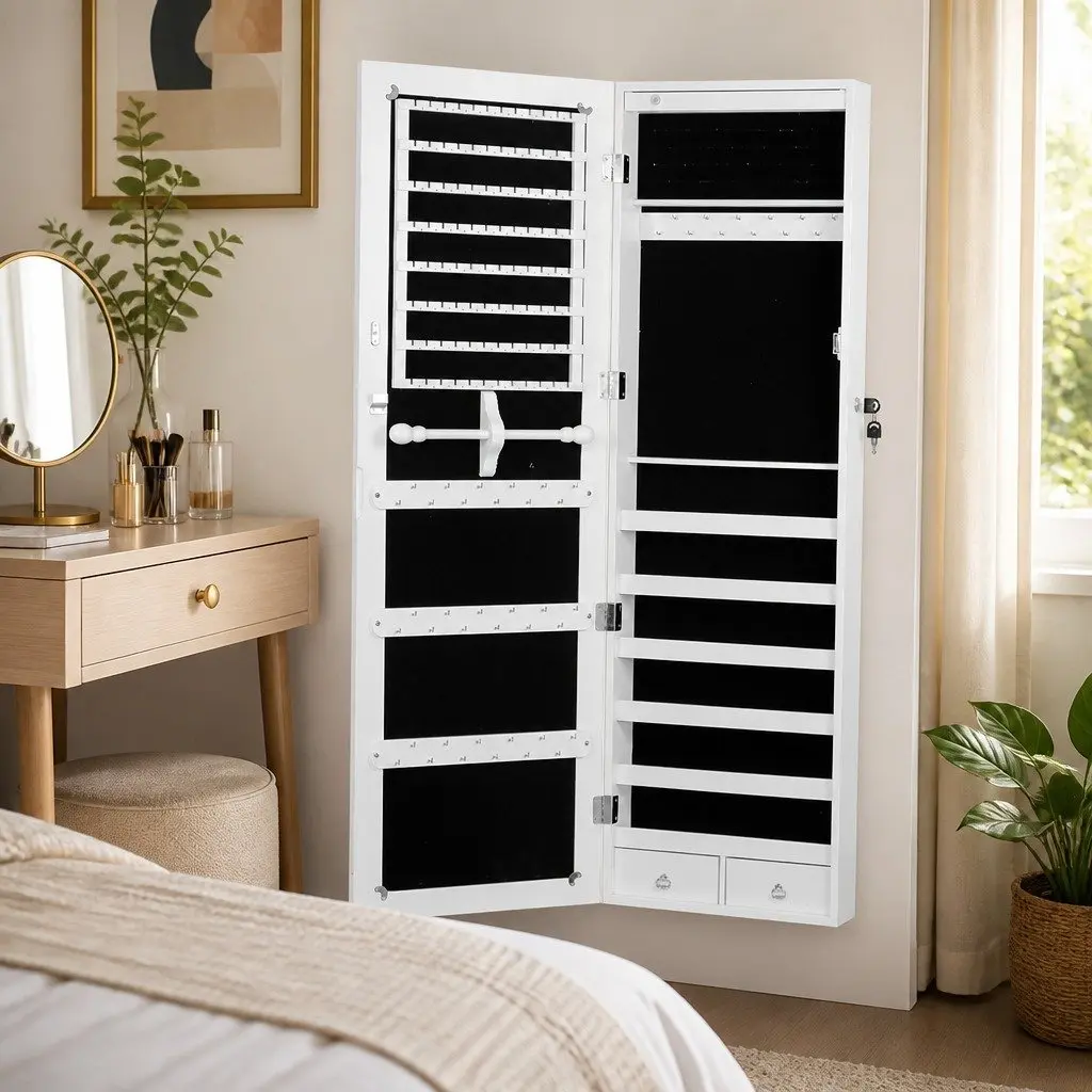 Full Length Mirror Jewellery Cabinet with LED Lights Wall Door Mount Storage