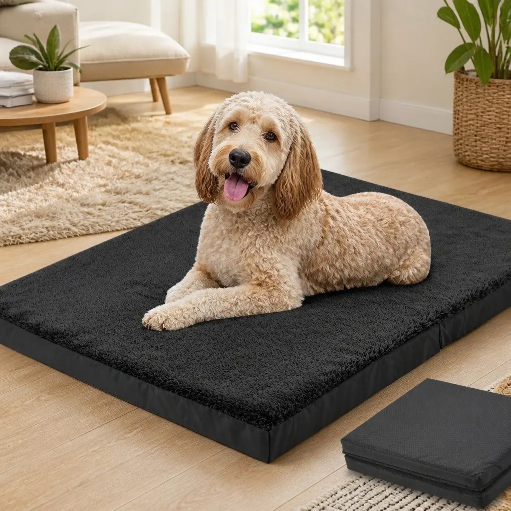 Foldable Pet Bed Dog Puppy Large Black Plush Foam Portable Handle Sleep Mat