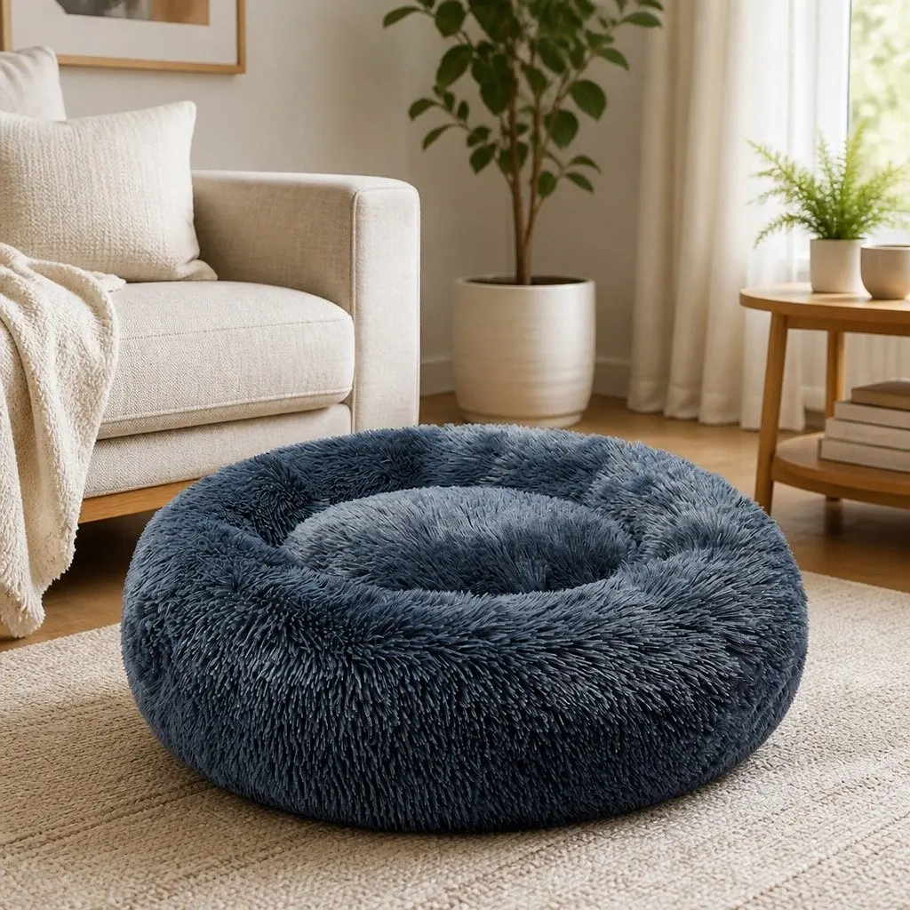 Pet Bed Donut-Shaped Dog Mattress Medium Dark Grey Plush