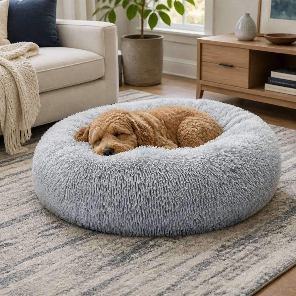Pet Bed Dog Bed Medium Grey Donut-Shaped Calming Lounger Washable