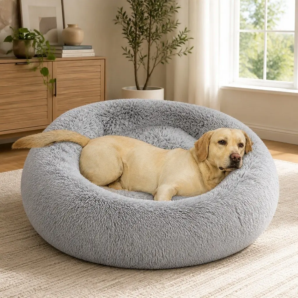 Pet Bed Dog Bed Medium Grey Donut-Shaped Calming Lounger Washable