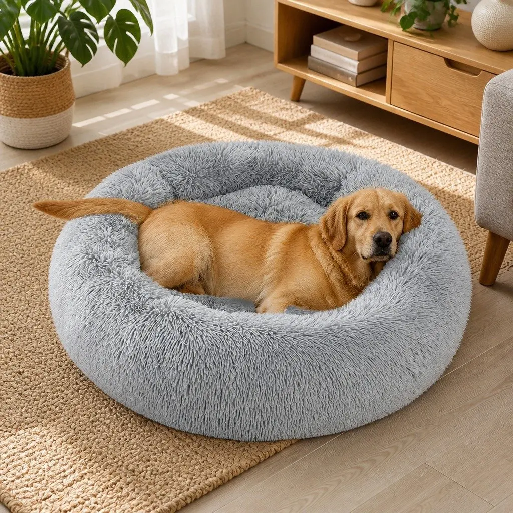Pet Bed Dog Bed Medium Grey Donut-Shaped Calming Lounger Washable