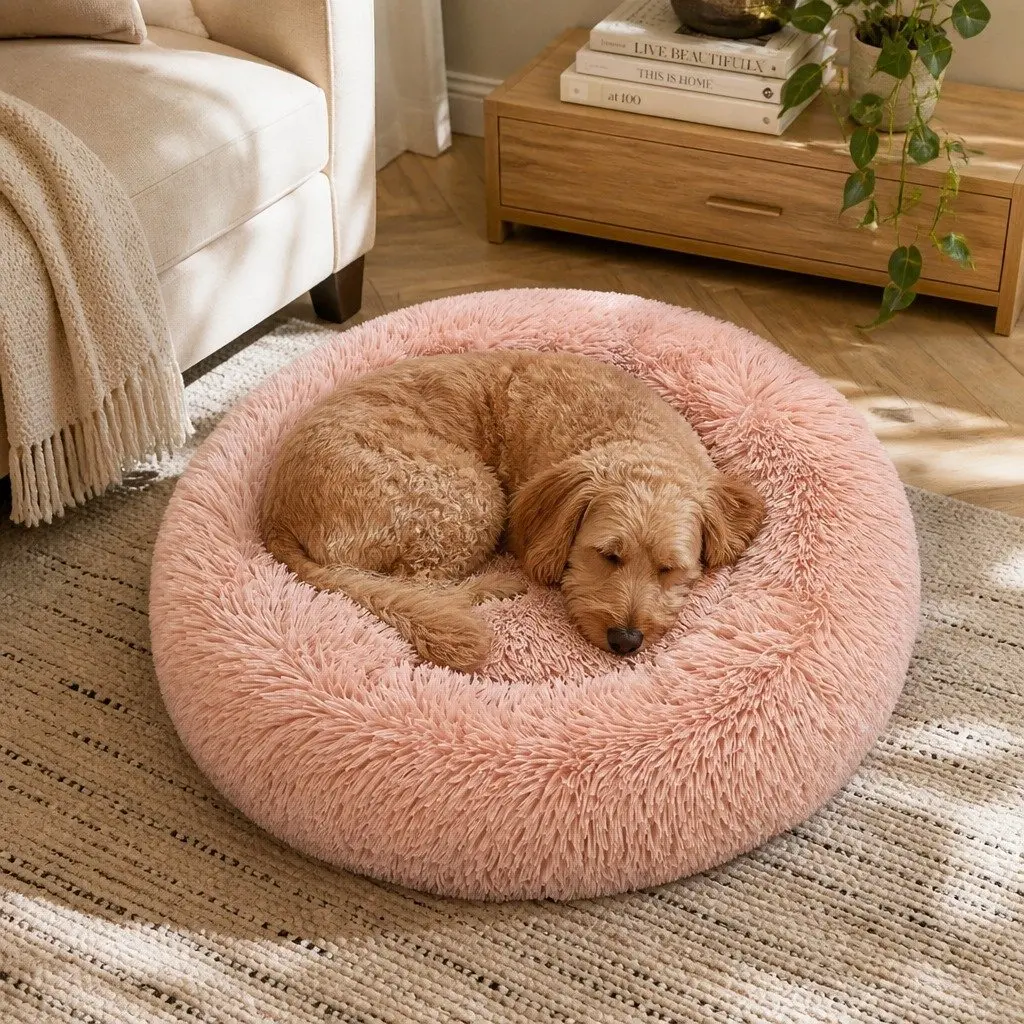 Pet Bed Cat Dog Donut Nest Calming Medium Raised Rim Non-Slip Pink Plush